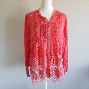 Johnny Was Blouse Top Eyelet Embroidery Pleated Button Front Hot Pink Size XS